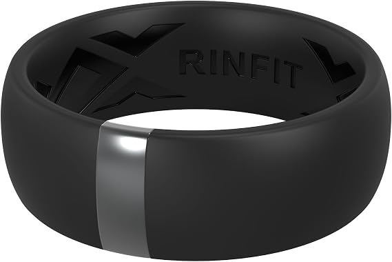 Rinfitの男性用シリコンリング - クラシックなラウンドラバーウェディングバンド ステンレススチールプレート付き - MetalBar