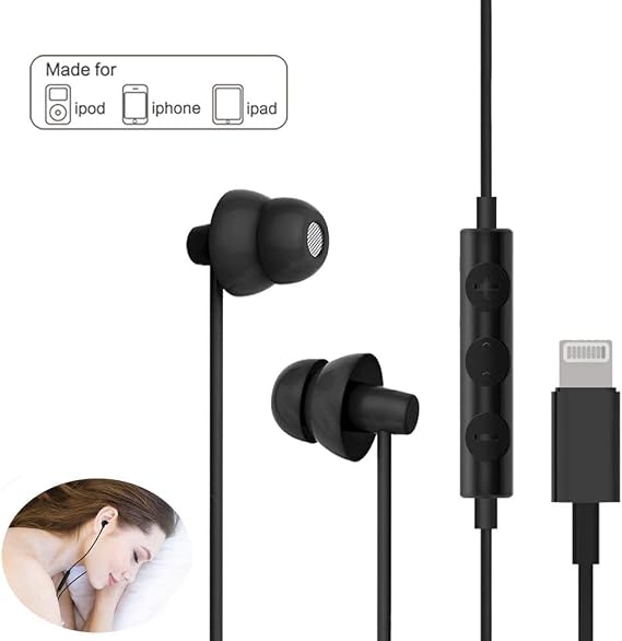 MAXROCK Aydınlatma Kulaklığı, Uyku Kulaklığı, Lightning Bağlantılı, Uyku Kulaklığı, iPhone X/XS/XS Max/XR iPhone 8 iPhone 7/7 Plus Apple iOS için, Mikrofonlu ve Uzaktan Kumandalı (Siyah)