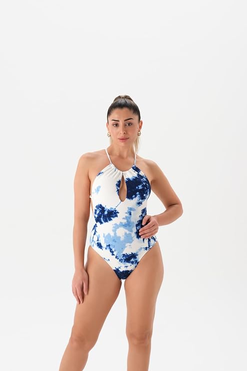 Eros 4330MY Kadın Tek Parça Yüzücü Mayosu, Tie-Dye Desen, Beyaz-Mavi, 42 Beden