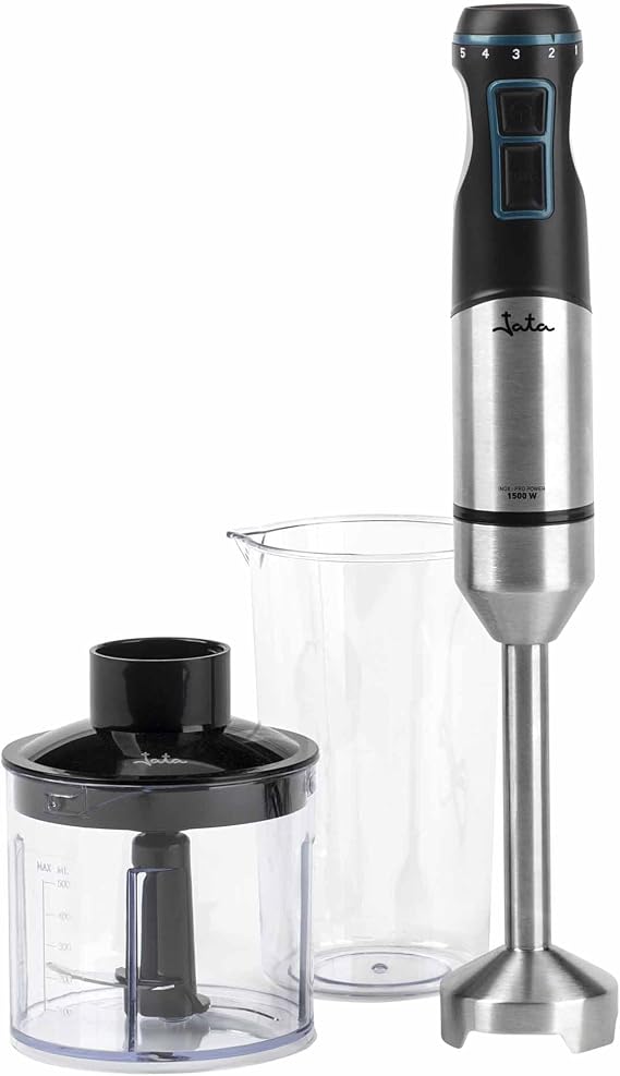 JATA JEBT1791 - Powerful Hand Blender 1500W, Stainless Steel Arm Blender with Chopper, Measuring Cup with Lid, 4 Stainless Steel Blades, Electronic Regulator and 15000 RPM