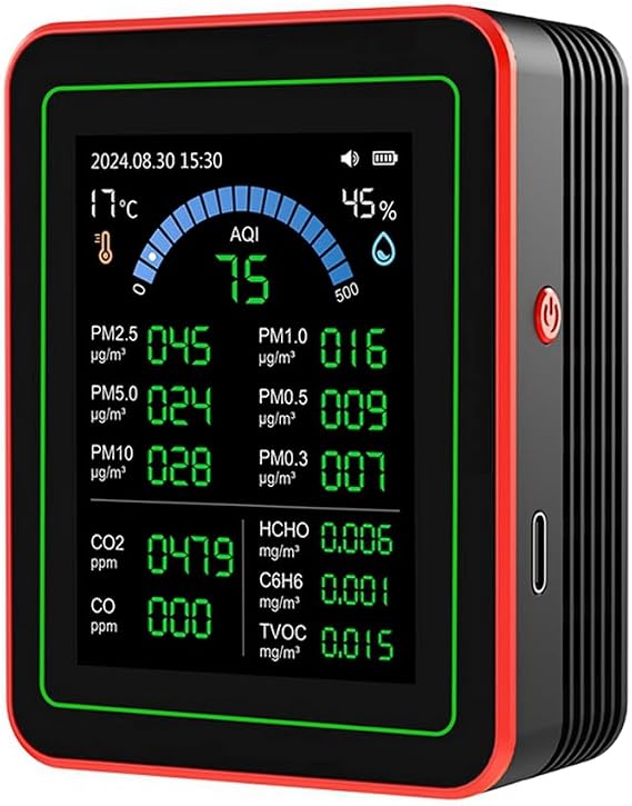 Air Quality Tester CO/CO2/HCHO/TVOC//PM0.3/PM1.0/PM2.5/PM10/Temperature/Humidity/Air Quality Tester 18 in 1 Air Detector WiFi Air Quality Monitor Black