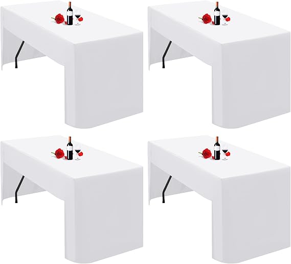 4 Pack White Tablecloth Open Back Fitted Tablecloth for 6ft Folding Table Washable Polyester Fabric White Table Cloth Table Cover for Trade Craft Show Display Party Wedding Events