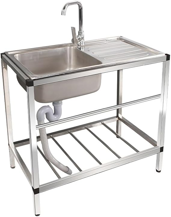 Kitchen Sink Single Bowl Stainless Steel Table with 1 Compartment Commercial Sink Set with Faucet & Drainboard for Restaurant Kitchen Laundry Room Garage
