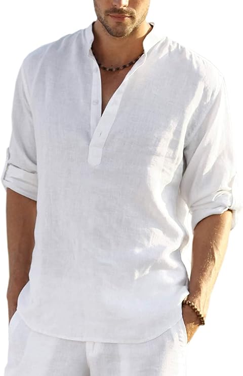COOFANDY Mens Shirt Long Sleeve Henley Shirt Linen Shirts Cotton Casual Regular Fit Summer Shirts