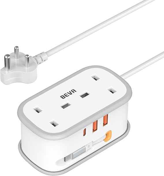 UK to India Plug Adapter with 1.5M Extension Cable, BEVA 2 Way 3 USB (2A+1C) Indian Travel Adapter with Retractable USB C Cable for Sri Lanka, Pakistan, Burma, Maldives, Iraq, Namibia, Nepal (Type D)