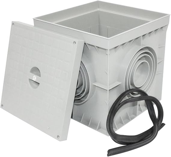 Square Grey Electric Floor Seal with Blind Lid Irrigation and Electricity Arquette PVC for Garden, Drainage Irrigation, Electrical Installations Pipes 200 x 200 mm