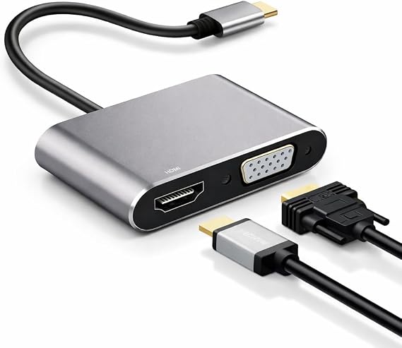 Coverzone USB-C Görüntü Dönüştürücü Adaptör 4K HDMI + VGA Çıkışlı Type-C to HDMI VGA Hub Laptop Tablet Telefon Ekran Yansıtma Monitör TV Projeksiyon Bağlantı Aparatı Plug & Play | NRT-22100