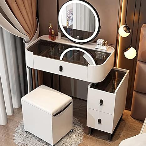 3 in 1 Dressing Table with Flip-top Mirror and Rolling Stool LED Lights Integrated Makeup，LED Lighted Makeup Vanity Table with Tempered Glass Top Storage Stool & 3 Drawers 3 Modes Adjustable