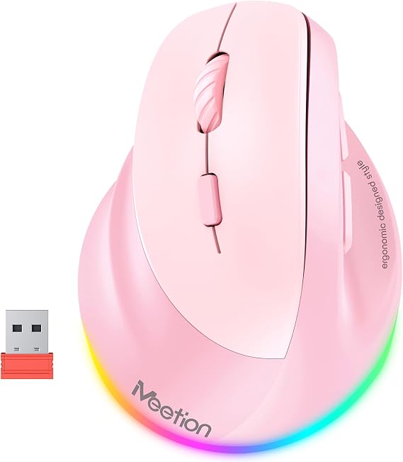 MEETION Solak Kablosuz Ergonomik Dikey Fare, Şarj Edilebilir - Pembe | Çift Bluetooth 5.2/3.0 + USB, RGB aydınlatma, 4 ayarlanabilir DPI, Windows, Mac, PC, iPad ve tabletlerle uyumlu