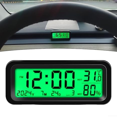Mini Digital Clock for Car Dashboard, 8x3x3.5 cm Solar Powered Clock, Date Temperature Humidity Display, Automatic Backlight, for Vehicles, Car(Blue Green)