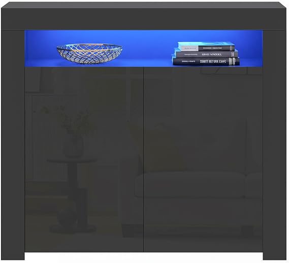 Panana 2 Door Modern LED Sideboard Matt Body and High Gloss Fronts, Cabinet Cupboard Unit with Multicolor LED Light, 107 cm *35 cm *97 cm (Black)
