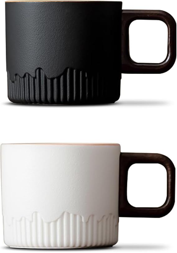 Set of 2 Ceramic Espresso Cups with Wooden Handle 76.5 g/80 ml Porcelain Coffee Cup Demitasse Tea Cup Yerba Mate Cup for Latte Cappuccino Mocha Coco (Black & White)