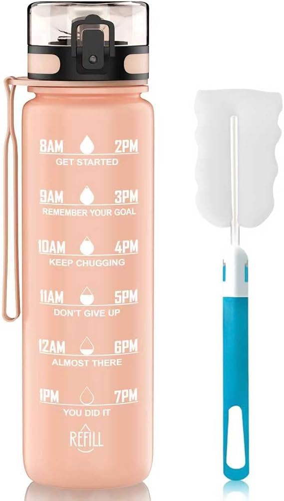 1-liter water bottle, made of BPA-free Tritan material, capacity 1 liter, with time markings, suitable for gym, outdoor activities, and campus use (Pink).