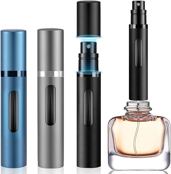 5ml 香水アトマイザー 旅行用詰め替え式、ミニコロンディスペンサー、底充填フレグランス 香水ボトル、ポータブルスプレーポケットサイズ レディース メンズ クルーズ 車 旅行 ギフト ブラック-グレーブルー