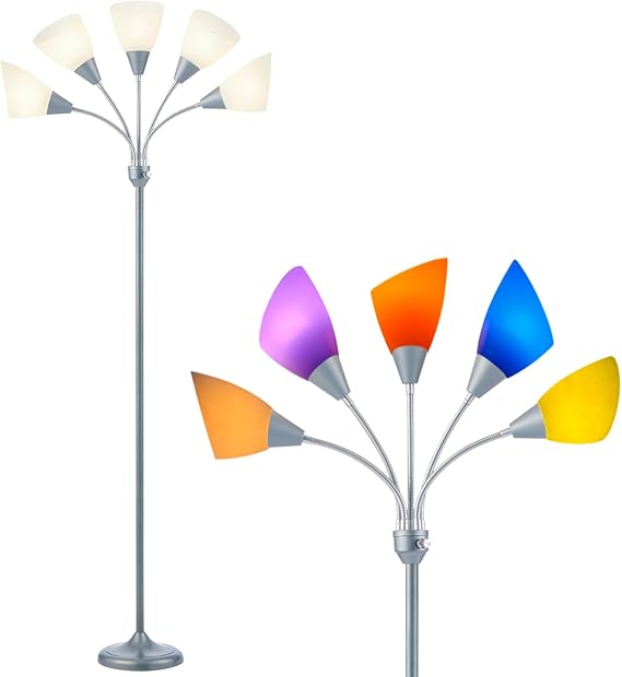 Medusa Floor Lamp, Multi Head 5 Light Floor Lamps for Living Room with 10 Lampshade, Adjustable Gooseneck Reading Standing Lamp for Bedroom,Office,Kids,Classroom (Sliver)
