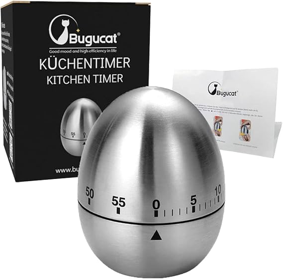Bugucat Timer Egg-shaped Egg Timer Stainless Steel Kitchen Alarm Clock Short Timer Egg Kitchen Timer Rustproof Timer with Stopwatch Analogue Hand Wash 60 Minutes Kitchen Countdown Timer