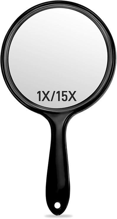 OMIRO Handheld Mirror Double-Sided Hand Mirror with 1X/15X Magnification and Handle (Transparent Black)