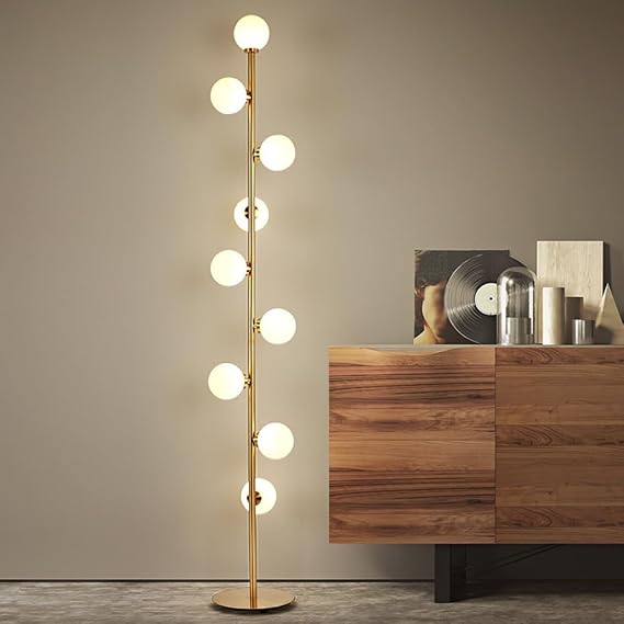 Nordic 9-Light 65" Globe Glass Floor Lamp Golden Floor Light LED G4*9 Tall Lamp with Frosted Glass Iron Standing Light for Living Room Study Bedroom Villa Sofa Area [Energy Class A+++]