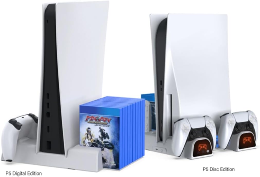 DOBE FOMIS ELECTRONICS PlayStation 5 ile Uyumlu Çok Fonksiyonlu Dikey Soğutma Fanı, Çift Denetleyici Şarj İstasyonu, 11 Oyun Yuvası ve Disk Depolama Standı, Beyaz