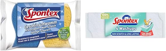 Spontex Non Scratch Super Absorbent Sponge Scourers, Pack of 2, Yellow Sponge Blue Scourer & Washups Non Scratch Sponge Scourers, Pack of 4