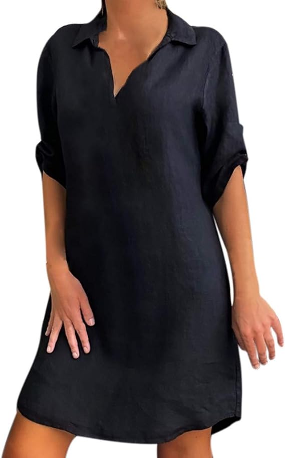 Fashion Women Plus Size Solid Cotton Linen Turn Down Collar Loose Shirt Dress Plus Size Women Party Dress Black-08#A, XL