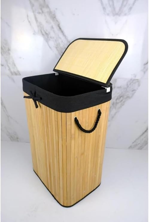 Deconox El Yapımı Hasır Katlanır Çamaşır Sepeti Dikdörtgen 72 Litre (40cm*30cm*61cm), Doğal Malzemeden Üretilmiş Çamaşırlık (NATURAL - SİYAH)