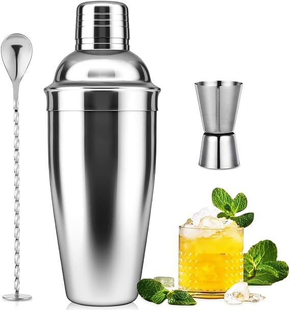 Cocktail Shaker Set 25oz,Drink Mixer with Built-in Strainer,Measuring Jigger & Mixing Spoon for Mixing Drinks Margaritas,Beginner Friendly Stainless Steel Mixer Bar Utensil Tool
