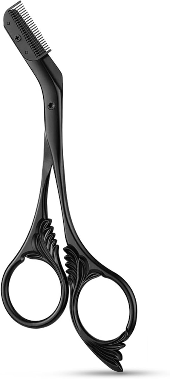 Eyebrow Scissors with Comb, Professional Stainless Steel Eyebrow Trimmer Precision Face Hair Grooming Tool with Non-Slip Finger Grips Mini Brow Shaper for Men and Women Home Travel Salon Use (Black)