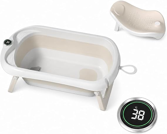 Foldable Baby Bathtub with Non-Slip Bath Seat – Foldable Baby Bath with Thermometer – Baby Bath Seat – Chair – From Birth to 3 Years – Birth Gifts (Beige)