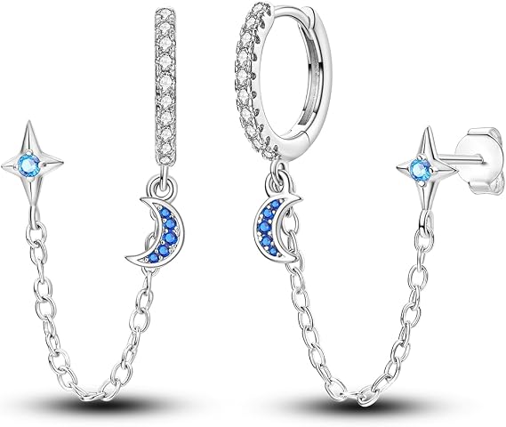 Hapour Double Piercing Chain Earrings for Women Teen, 925 Sterling Silver Hoop Earrings Huggie Cuff Chain Dangle Earrings with CZ Star Moon Charm