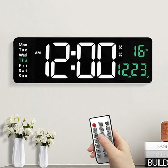 16" Large Digital Wall Clock, LED Digital Wall Clock with Remote Control, Date Week Temperature Display, 10-Level Dimmer, Dual Alarms, Wall Clock for Living Room Office Kitchen Gym (Green)
