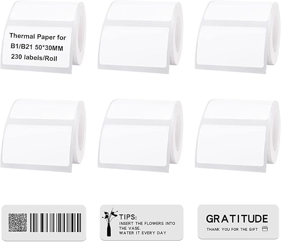 Label Maker Tape 1.98" x 1.2" 50x30mm Waterproof Sticker Paper Barcode Address Labels Waterproof Oil Resistant Scratch Resistant for NIIMBOT B1/B21 Label Printer - 6 Rolls White