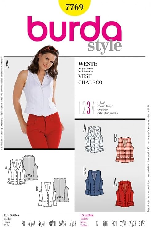 Burda Ladies Sewing Pattern 7769 - Gilet Waistcoats Sizes: 12-32