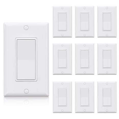 ELEGRP Single Pole Decorator Light Switch with Plate 15Amp, 120/277V, Paddle Rocker Switch Replacement, On/Off Switch, Self-Grounding, Residential Grade, w/Wall Plate, UL/CUL 10 Pack Glossy White
