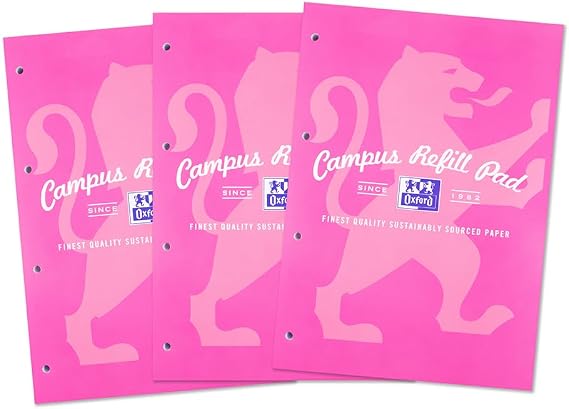 Oxford Campus Refill Pad, MEGA 300 Pages A4 Lined Paper with Margin, Pink, Pack of 3