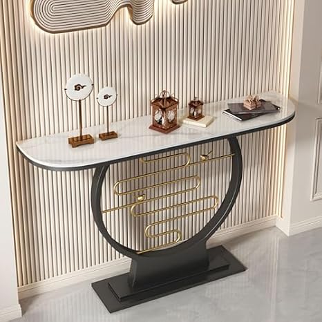 Scratch Resistant Glam Stone/Metal Entrance Table Modern Abstract Console Table for Living Room & Entrance, White 39" L x 12" W x 31" H