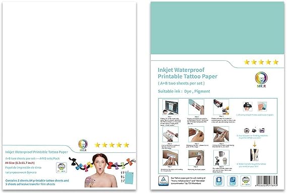 MR.R Inkjet Printable Water Transfer Paper for Temporary Body Tattoo, Nail Film Sticker (A4 210 x 297mm x 5 Sets) (A+B)