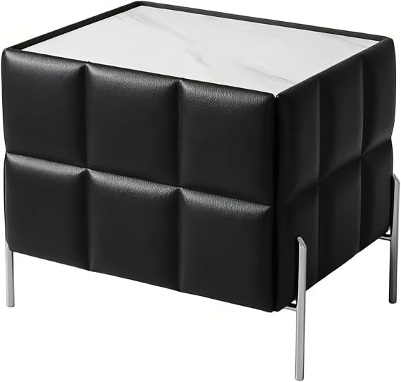 Bedside Table Nightstand Raised Edges Stone Top Metal Leg Support Two Drawer for Bedroom Bedroom(Black)
