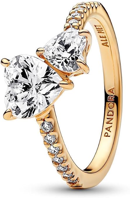 PANDORA Timeless Sparkling 14K Gold Plated Double Heart Ring with Clear Cubic Zirconia