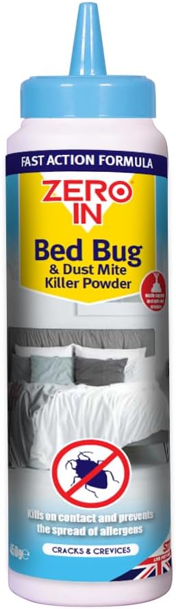 Zero In Bed Bug & Dust Mite Killer Powder 450g - Fast Acting Formula for Home & Bedding - Effective Solution for Bed Bugs, Dust Mites & Allergens