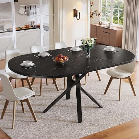 Merax Round Extendable Dining Table 100-140cm, Marble Effect Tabletop, Black X-Metal Frame, Kitchen Table for 2-6 People, Space-Saving Dining Room Table