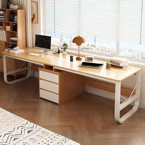 Large Double Gaming Computer Desk with Drawers for 2 People Wood Writing Study Table for Home Office Long Desk with Storage Natural Finish 94.48in Width