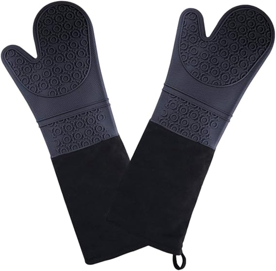 Extra Long Professional Silicone Oven Mitts With Quilted Liner, Heat Resistant Oven Gloves Silicone Oven Mitts And Pot Holders Long Sleeves Baking Gloves, Cooking Gloves Protect Your Hands Arm (Black)