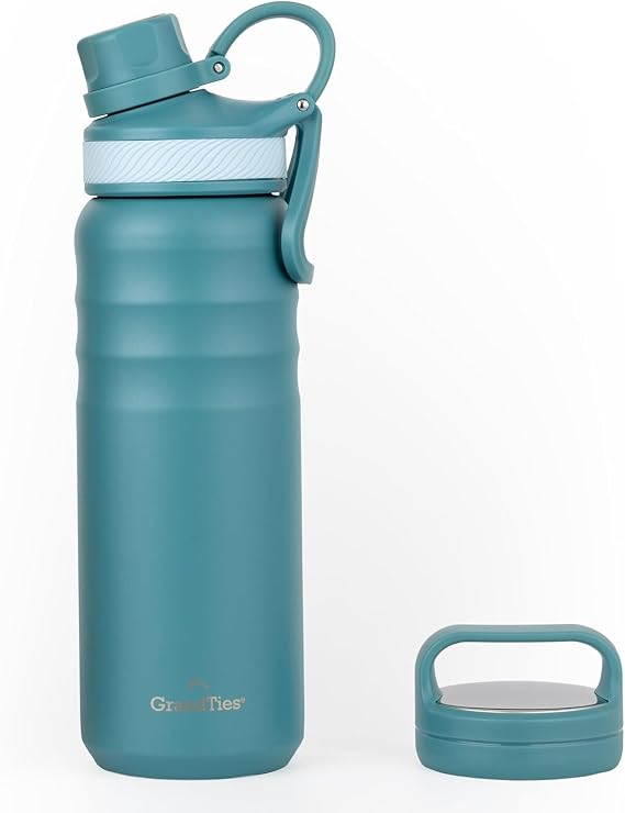 GrandTies 2 Lids Sports Stainless Steel Water Bottles – Wide Mouth Vacuum Insulated Reusable Leak Proof BPA-Free Travel Metal Canteen, Thermal Bottles for Men Women Gym (Atlantis Blue, 24 oz)