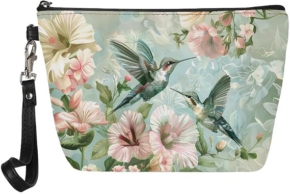 Hummingbirds Flowers Women Makeup Bag Travel Cosmetic Bag, Countryside Birds Floral Pouch Bag Girl Washbag Leather Coin Purse
