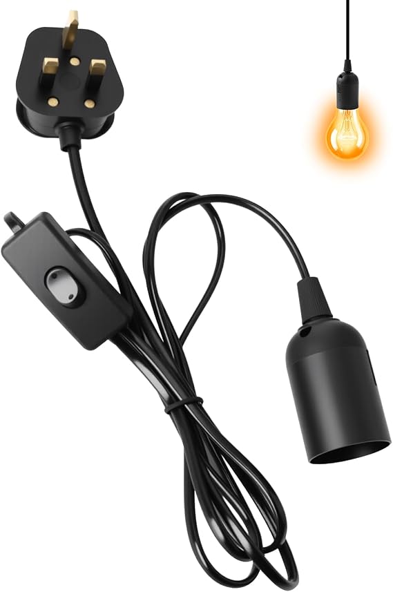 E27 Pendant Light Ceiling Fitting with Switch, 1.8m Textile Cable UK Plug, Compatible with E27 Bulbs, Suspended Light Fitting Kit for DIY Projects, Bedroom, Living Room, Home Decor [Energy Class A]