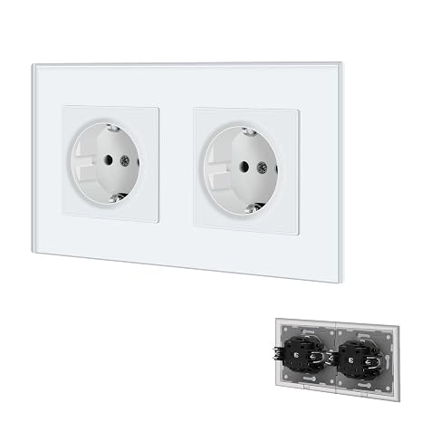 BSEED Wall Plug with Glass Panel, White Double Schuko Plug with Clips, 16A 250V Recessed Power Outlets, Wall Plug Apply for Kitchen, Bedroom, Office, Hotel, etc
