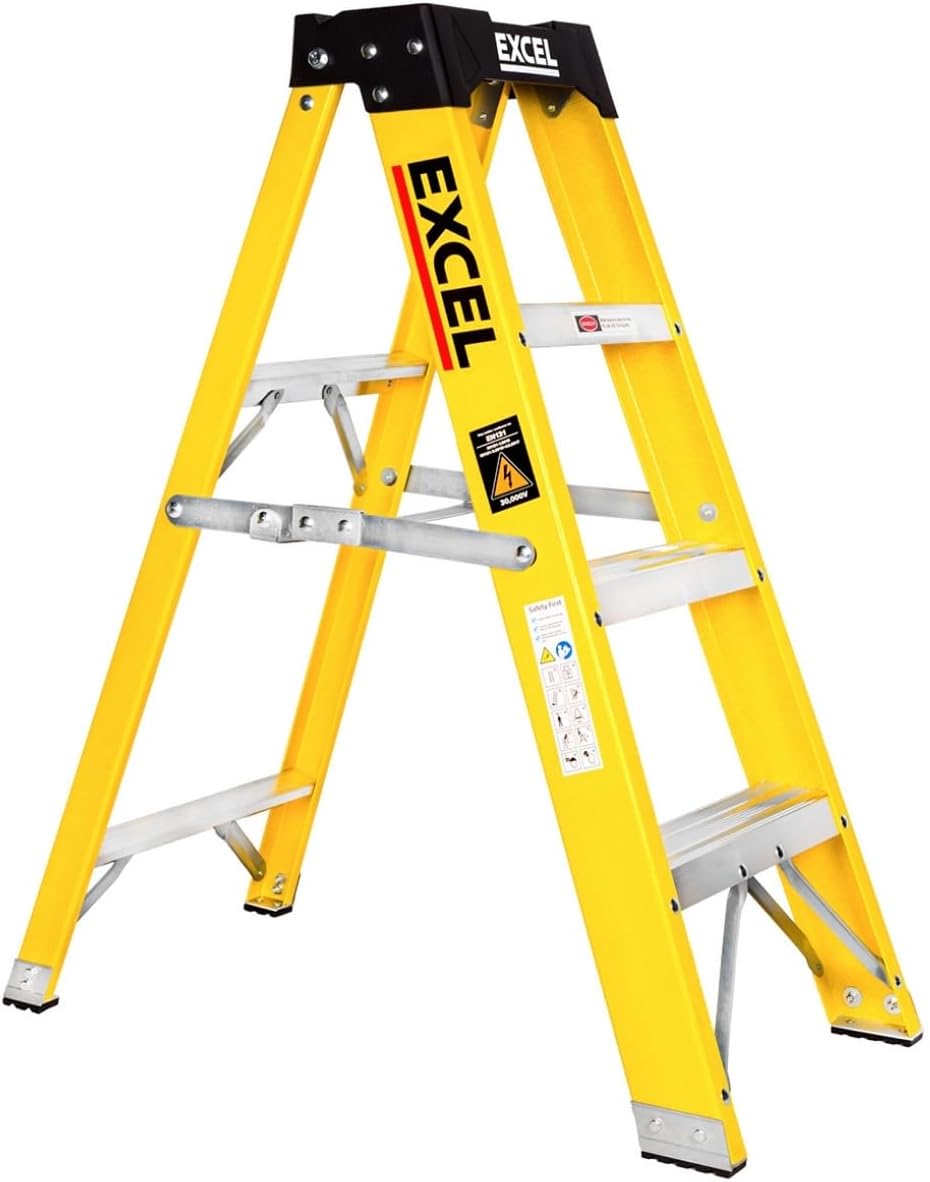 Excel Electricians Fibreglass Step Ladder 4 Tread 0.96m – Heavy Duty Folding Stepladder, Lightweight & Non-Conductive, Durable Fibreglass Ladder