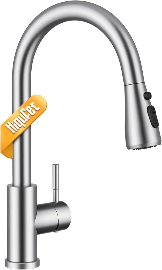 Hiqufet Kitchen Tap, Kitchen Mixer Taps with Pull Down Sprayer, Stainless Steel High Arc Single Handle Kitchen Sink Tap for Pot Filler, Brushed Nickel