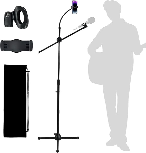 Microphone Floor Stand, Mic Stand Floor with Phone Holder Height Adjustable, Heavy-duty Tripod Stable Stand with Boom Arm Dual Device Mount for Streaming, Podcasting, Recording, and Live Performances